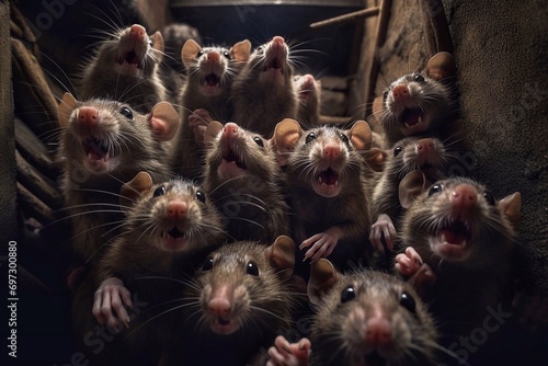 Invasion of rats in basements and tunnels of large cities. Close-up of a group of rats in a cage. Breeding of rats.