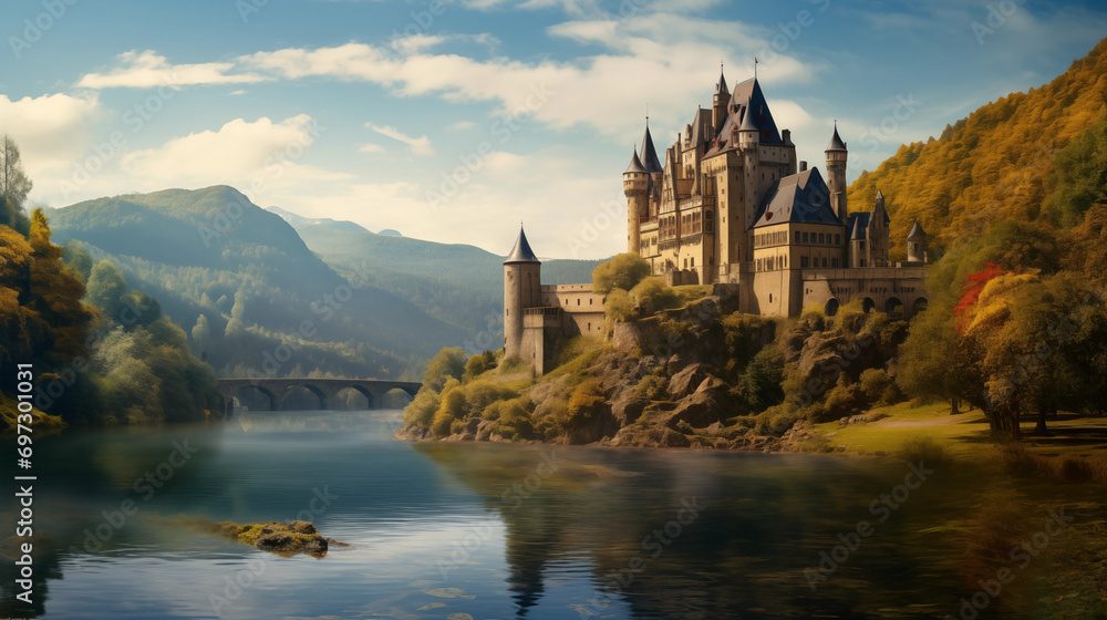 Realistic fantasy castle stand locate river in the moutain
