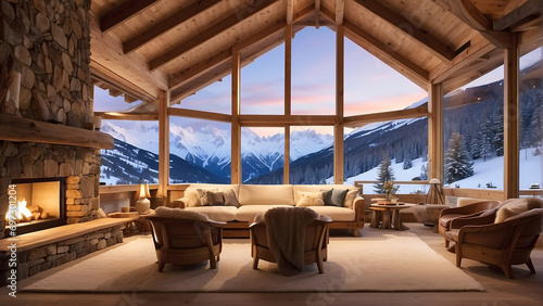 Snowy ski lodge with untouched slopes and inviting glow photo