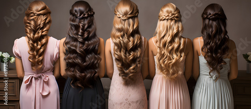Five women showcasing different elegant hairstyles
