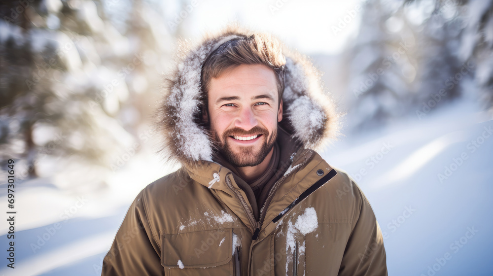 Portrait of a young handsome smiling man in a jacket against the backdrop of a winter snowy landscape. Portrait of a young handsome smiling man in a jacket against the backdrop of a winter snowy landscape.