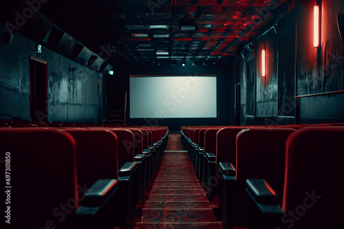 photo from the perspective of an empty cinema aisle, leading the viewer's gaze toward the white blank screen. This composition adds depth and a cinematic feel.