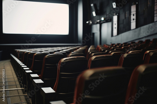photo from the perspective of an empty cinema aisle, leading the viewer's gaze toward the white blank screen. This composition adds depth and a cinematic feel.