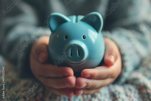 pair of hands holding a piggy bank, suggesting care and responsibility. Use cinematic techniques like depth of field to focus on the hands and the piggy bank while blurring the bac photo