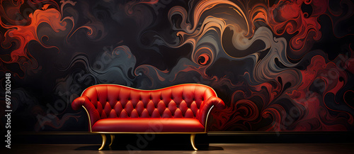 Red leather sofa against a marbled black and red wall photo