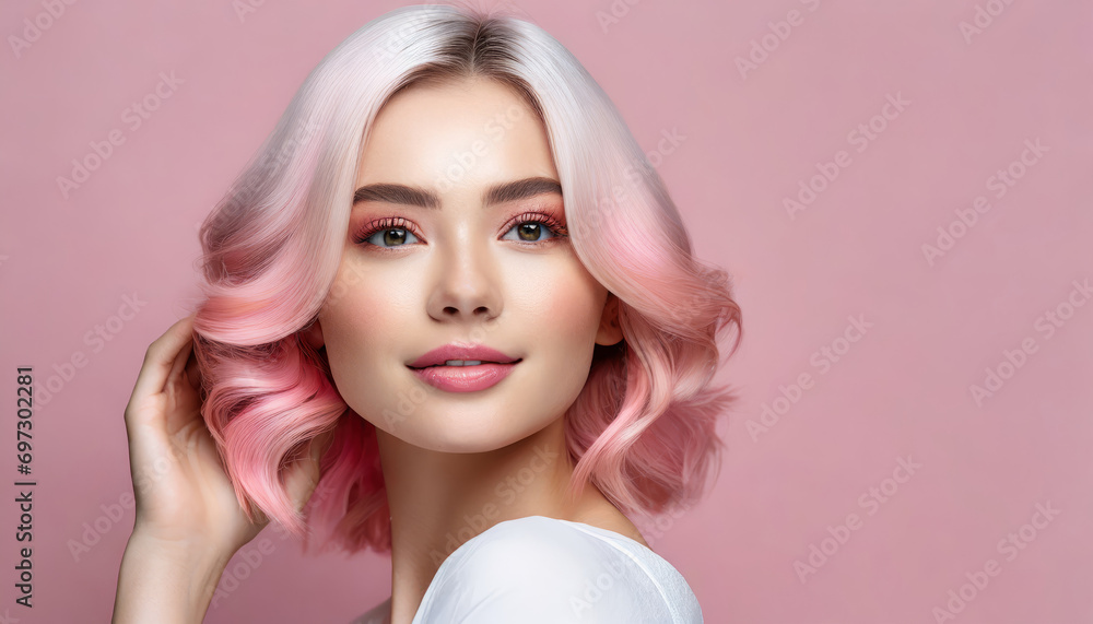 Fashion portrait of a young woman on a pink background Fashion portrait of a young woman on a pink background