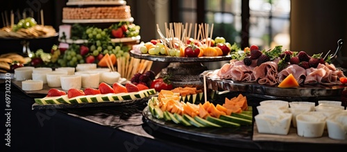 Elegantly adorned table with assorted snacks, including sandwiches, caviar, and fresh fruits, at a corporate birthday or wedding celebration.