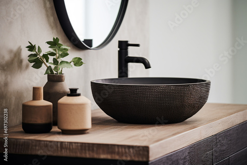 a black bowl sink sitting on top of a wooden counter