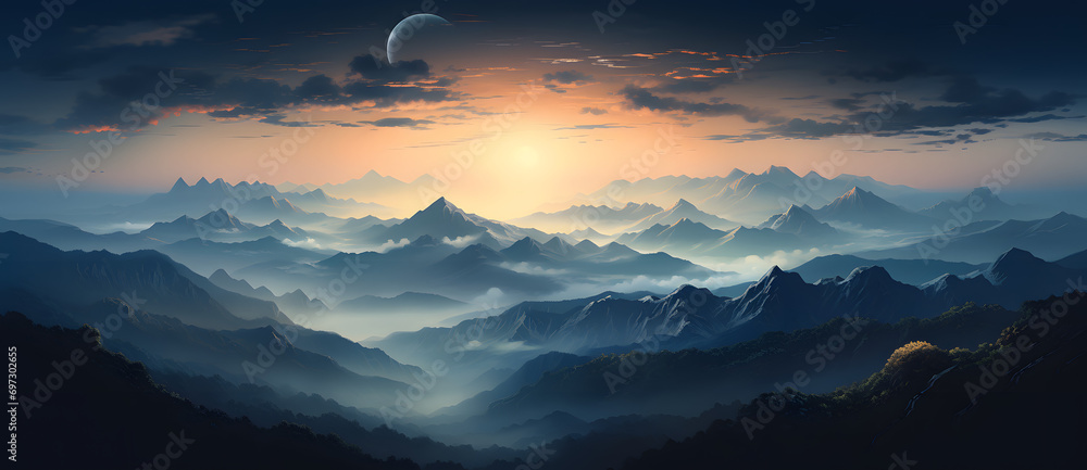 Misty mountain range under starry night sky