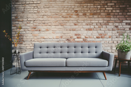 a couch sitting in front of a brick wall