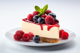 a piece of cheesecake with berries and mint leaves