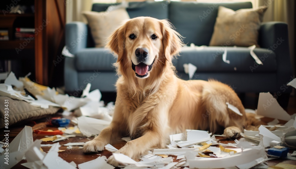 The dog tore the furniture of the house. Dog, Golden Retriever alone at home without people. - obrazy, fototapety, plakaty 