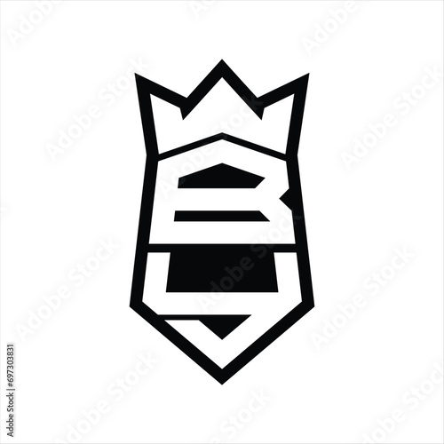 BY Letter Logo monogram hexagon shield shape up and down with crown isolated style design