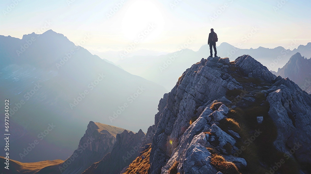 traveler man on the top cliff of mountain with clouds in background