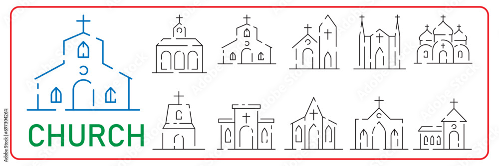 Church line icon set, vector pictogram of the catholic chapel building. Religious house illustration, sign for Christian logo. Vector building