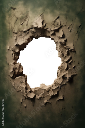 Hole in a wall - cracked wall - Earthy brown weathered cement wall - green vignette - Transparent PNG background - Pen tool flawless cutout - Concrete wall texture - with copy space