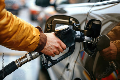 a close up image of a hand filling up a car with gas at a gas station