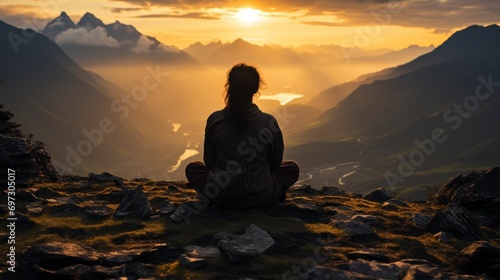 Silhouetted Person on Mountain Peak Overlooking River Valley at Sunset