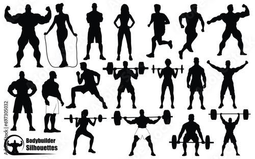 Bodybuilder or fitness gym black silhouettes vector art