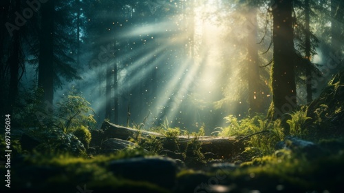 Sunlight Pierces Dense Forest Illuminating Green Foliage and Fallen Logs © Iarte