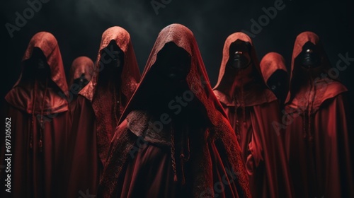 Mysterious Figures in Red Cloaks with Hoods Covering Faces in Dark Atmosphere