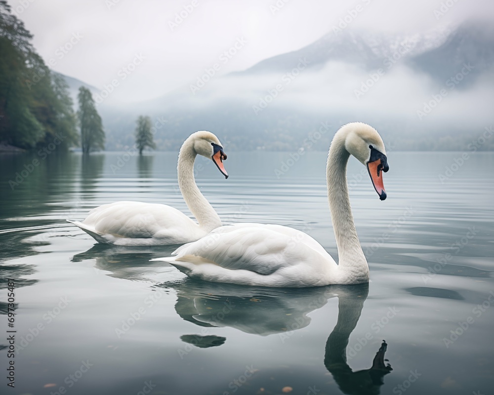 Two swans swimming on a lake with fog in the background.