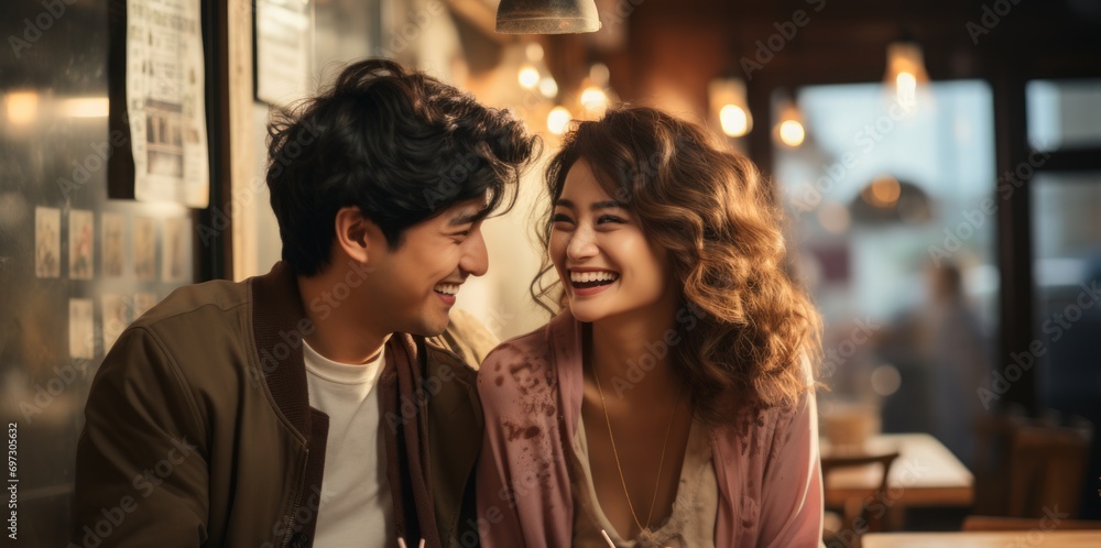 A young happy couple communicates in the warm atmosphere of a cafe. Concept: dating and relationships of lovers A young happy couple communicates in the warm atmosphere of a cafe. Concept: dating and relationships of lovers