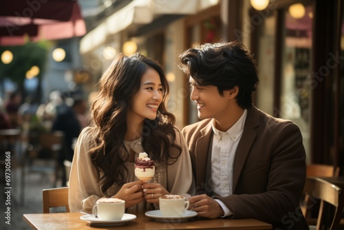A couple in love enjoys coffee in a cozy cafe  laughing and exchanging joyful moments. Concept  dating  romantic relationships and Valentine s Day