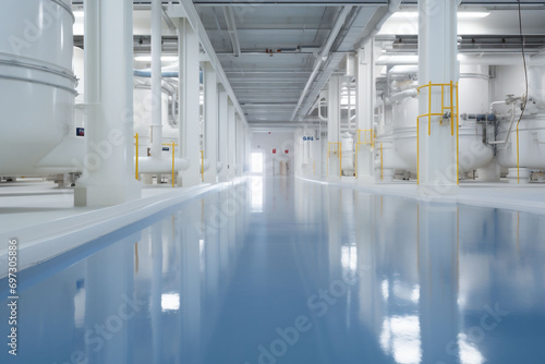 Sterile Factory Interior with White Halls, Cisterns, and Pipes, Ideal for Industries Processing Various Liquids Such as Milk, Oil, Fuel, Juice, Alcohol and Water with Copy Space. High quality photo © Silga