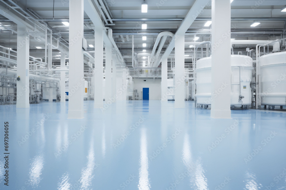 Obraz premium Sterile Factory Interior with White Halls, Cisterns, and Pipes, Ideal for Industries Processing Various Liquids Such as Milk, Oil, Fuel, Juice, Alcohol and Water with Copy Space. High quality photo