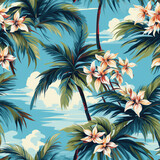 Seamless pattern with palm trees and sea. Vector illustration