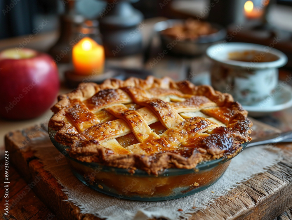 Selected focused an American apple pie that was served on the table. Selected focused an American apple pie that was served on the table.