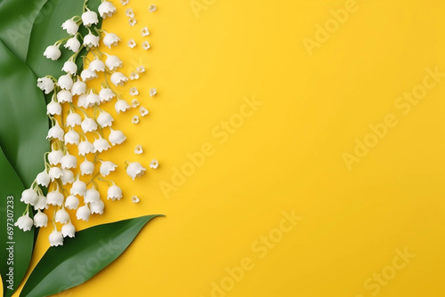 Lily of the valey bunch on yellow background top view photo