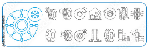 Winter tire or tyre linear icon. Car service thin line customizable illustration. Contour symbol. Vector isolated outline drawing. Winter cold road