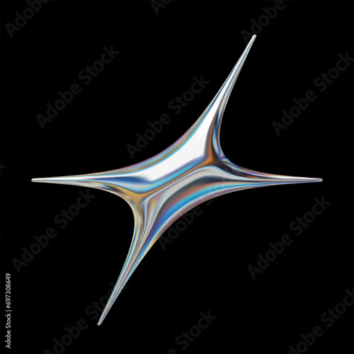 Glossy 3D holographic Y2K style star, shining chrome metallic shape for modern futuristic design. Isolated vector element