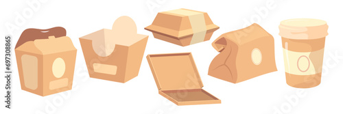 Takeaway food paper packaging. Fast food containers. Delivery pack. Blank 3D cardboard boxes, bags, or cups mockup. Ziplock sachet. Meal wrapper. Coffee mug