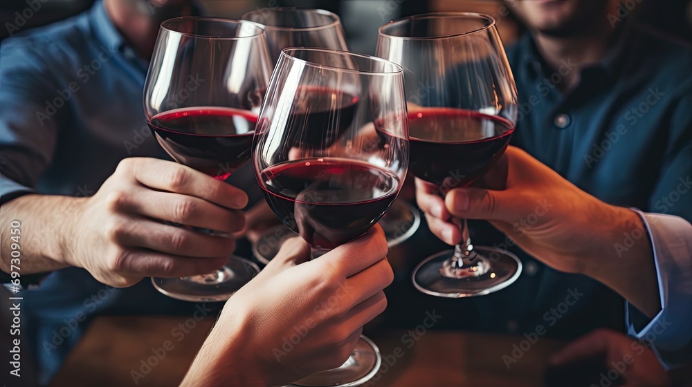 Celebration. A group of friends with glasses of red wine celebrating a birthday or other important event. Party with expensive wine from French grape varieties. Hands close-up.