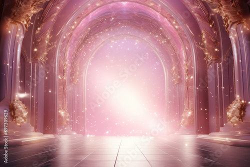 Abstract background with pink balloons and arch. 3D rendering. 3D illustration
