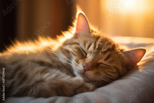 Cute ginger cat sleeping on bed at home. Fluffy pet