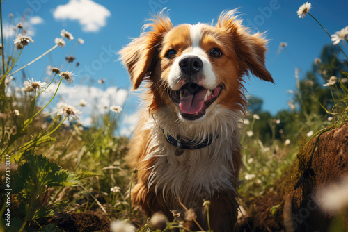 Adorable dog in the meadow on sunny day with blue sky