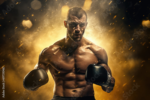 Boxing man with black gloves in dust on a yellow background
