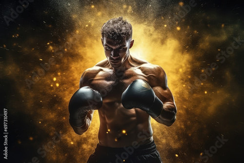 Boxing man with black gloves in dust on a yellow background