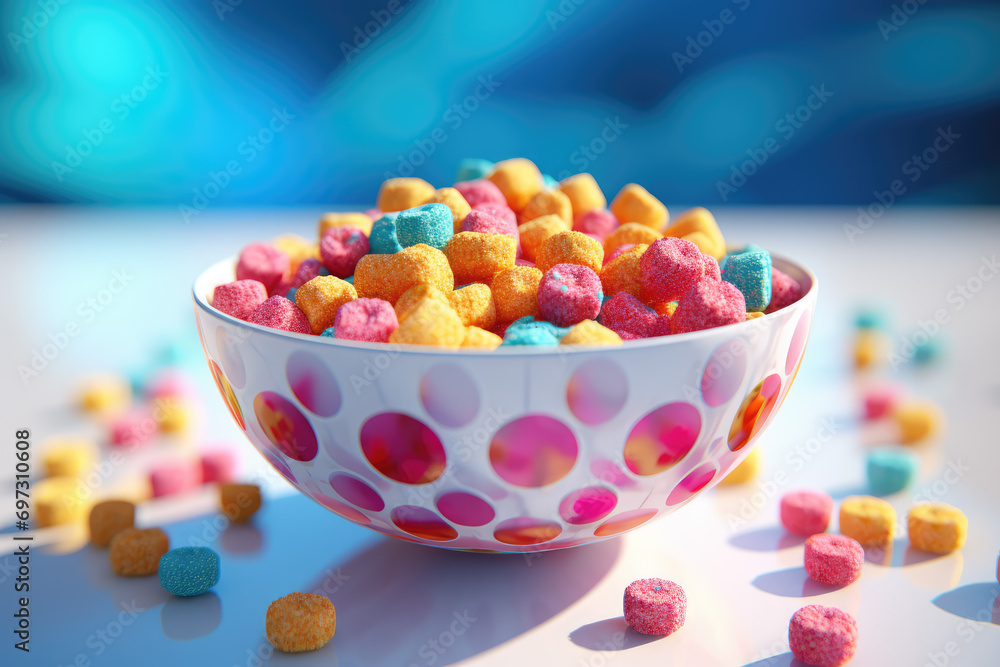 Colorful candies in a bowl on a pink and blue background