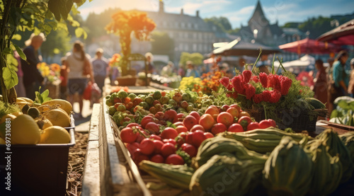 an open air farmer's market with many vegetables, fruits and herbs