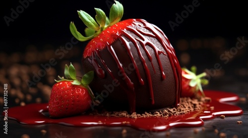 "A detailed shot of a gourmet chocolate-dipped strawberry, its luscious red exterior contrasting with the rich dark chocolate, a classic indulgence."