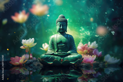 glowing Jade Buddha statue with colorful flowers, halo chakra light © Kien
