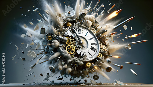 Fotografie, Obraz Clock is breaking by bullet of the gun, the clock explode with glass, bad time management in business concept