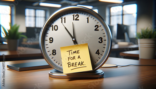 clock in an office setting, accompanied by  note with the handwritten text “time for a break,” photo