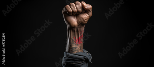 African American man's fist raised up in protest on black background