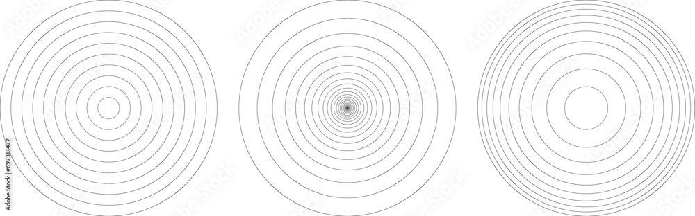 Concentric circle vector pattern. Radial sound wave frequency or earthquake epicenter mark. Minimal loud noise illusion or sonic ripple fade - obrazy, fototapety, plakaty 